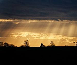 Preview wallpaper windmill, silhouette, trees, sunset