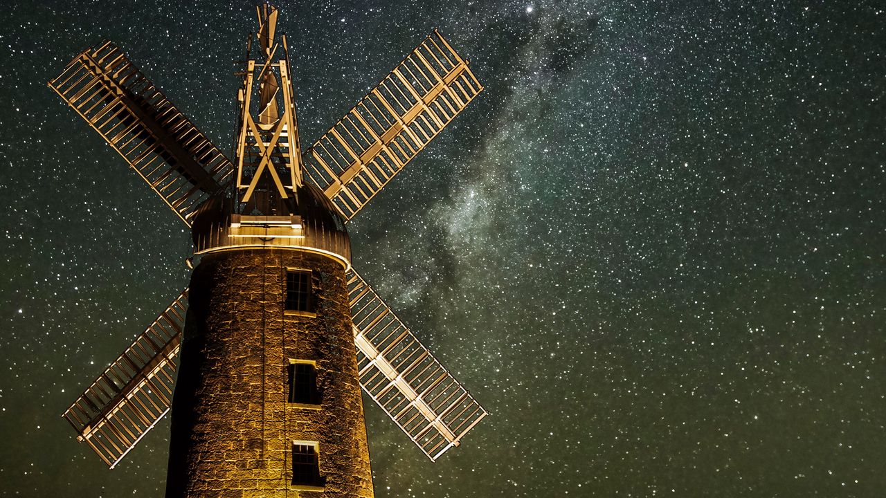 Wallpaper windmill, tower, building, night, starry sky, stars