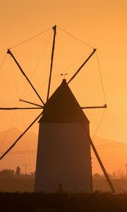 Preview wallpaper windmill, tower, fog, sunset