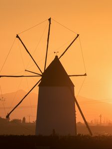 Preview wallpaper windmill, tower, fog, sunset