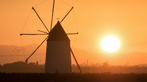 Preview wallpaper windmill, tower, fog, sunset