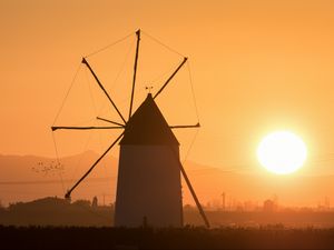 Preview wallpaper windmill, tower, fog, sunset