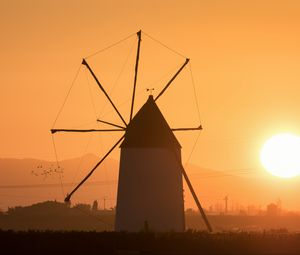 Preview wallpaper windmill, tower, fog, sunset