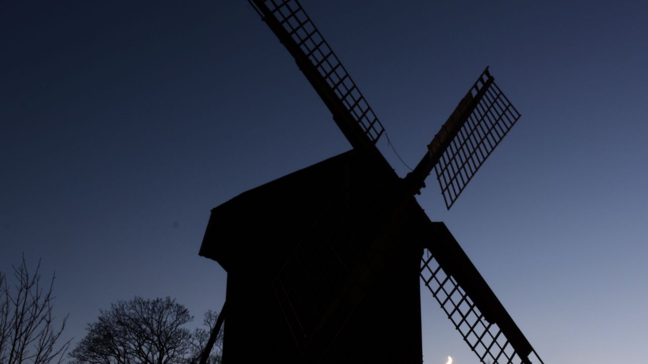 Wallpaper windmill, trees, silhouettes, night, sky, dark