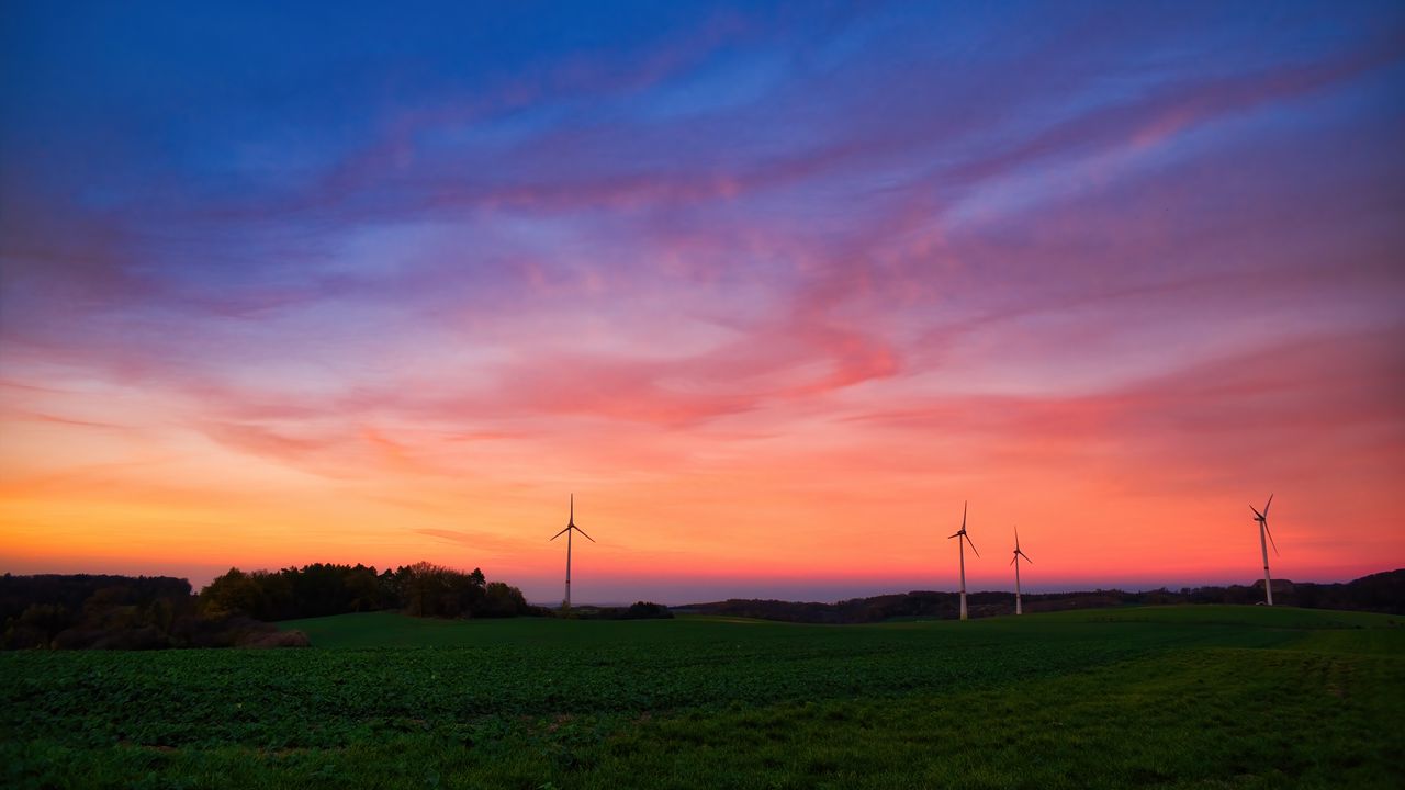 Wallpaper windmills, field, grass, twilight, dark