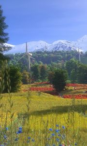 Preview wallpaper windmills, flowers, trees, grass, art, home, summer, mountains