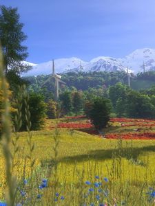 Preview wallpaper windmills, flowers, trees, grass, art, home, summer, mountains