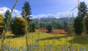 Preview wallpaper windmills, flowers, trees, grass, art, home, summer, mountains