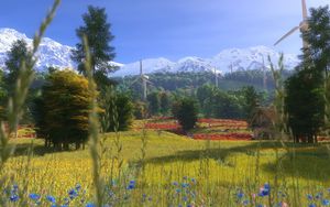 Preview wallpaper windmills, flowers, trees, grass, art, home, summer, mountains