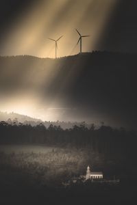 Preview wallpaper windmills, hills, trees, forest, building
