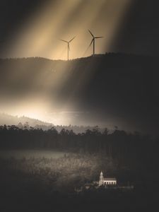 Preview wallpaper windmills, hills, trees, forest, building