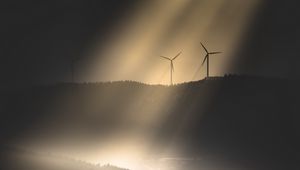 Preview wallpaper windmills, hills, trees, forest, building