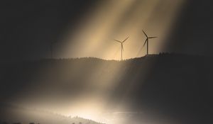 Preview wallpaper windmills, hills, trees, forest, building