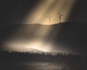 Preview wallpaper windmills, hills, trees, forest, building