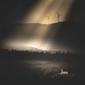 Preview wallpaper windmills, hills, trees, forest, building