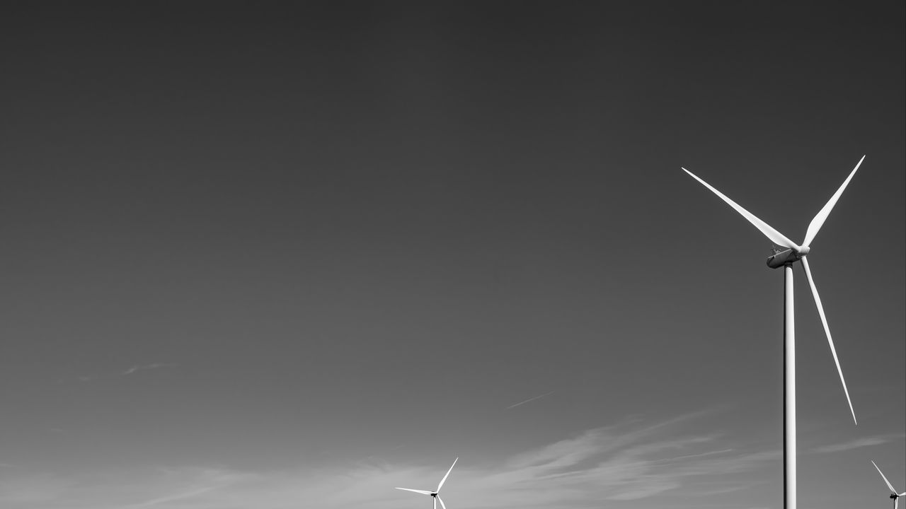 Wallpaper windmills, sky, field, bw