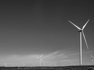 Preview wallpaper windmills, sky, field, bw