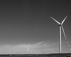 Preview wallpaper windmills, sky, field, bw