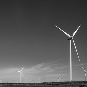 Preview wallpaper windmills, sky, field, bw