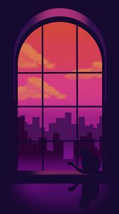 Preview wallpaper window, cat, silhouettes, buildings, purple, art