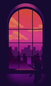 Preview wallpaper window, cat, silhouettes, buildings, purple, art