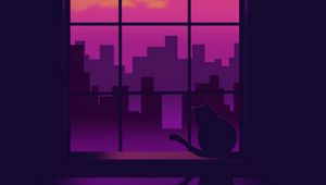 Preview wallpaper window, cat, silhouettes, buildings, purple, art