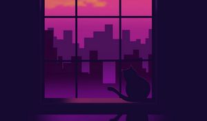 Preview wallpaper window, cat, silhouettes, buildings, purple, art