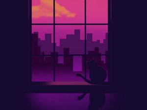 Preview wallpaper window, cat, silhouettes, buildings, purple, art