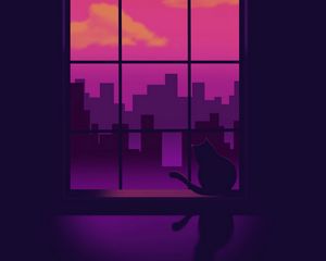 Preview wallpaper window, cat, silhouettes, buildings, purple, art