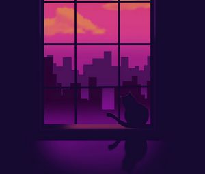 Preview wallpaper window, cat, silhouettes, buildings, purple, art