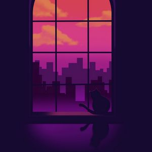 Preview wallpaper window, cat, silhouettes, buildings, purple, art