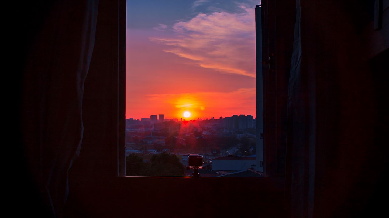 Wallpaper window, city, sunset, sky