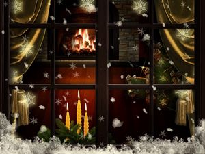 Preview wallpaper window, fireplace, candles, christmas tree, cozy, christmas