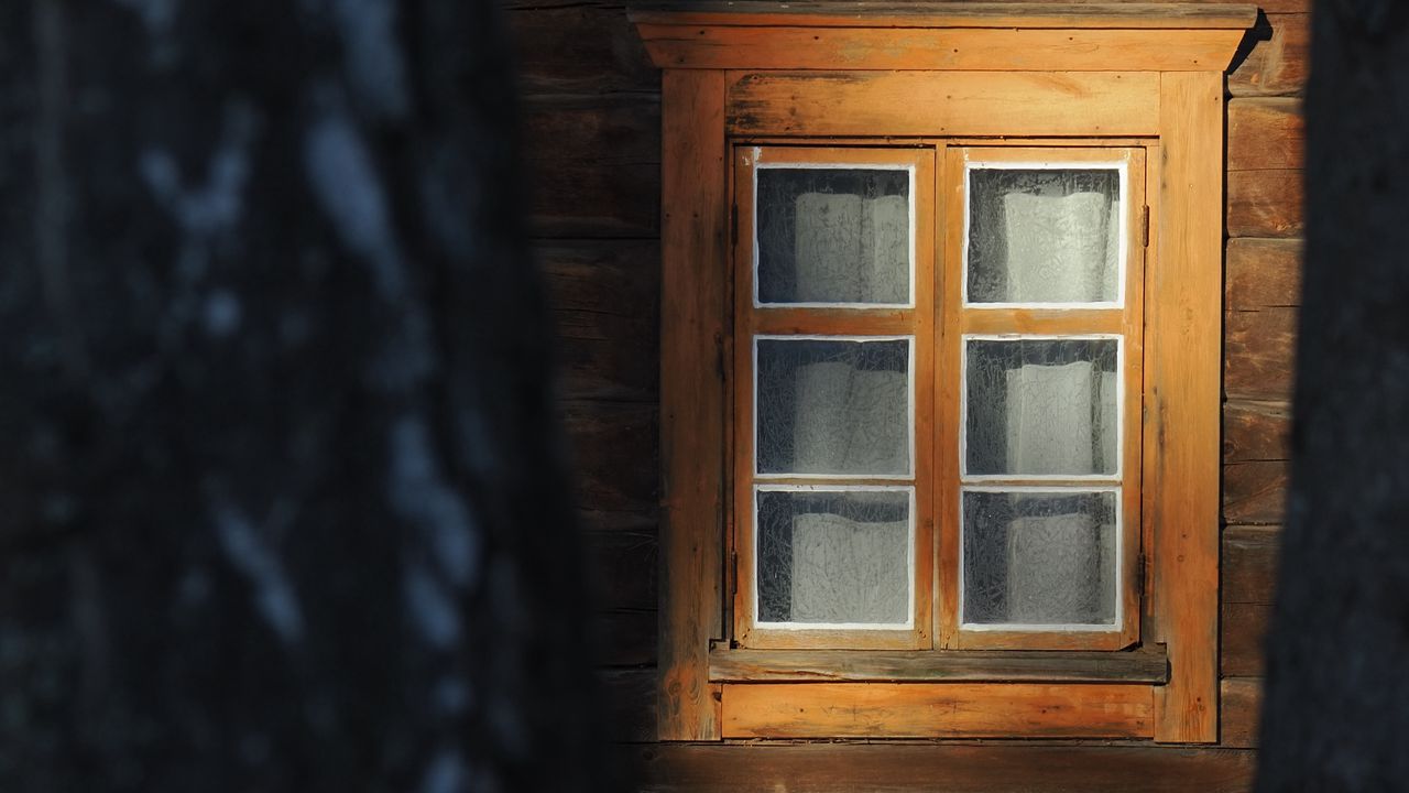 Wallpaper window, house, trees, snow, winter