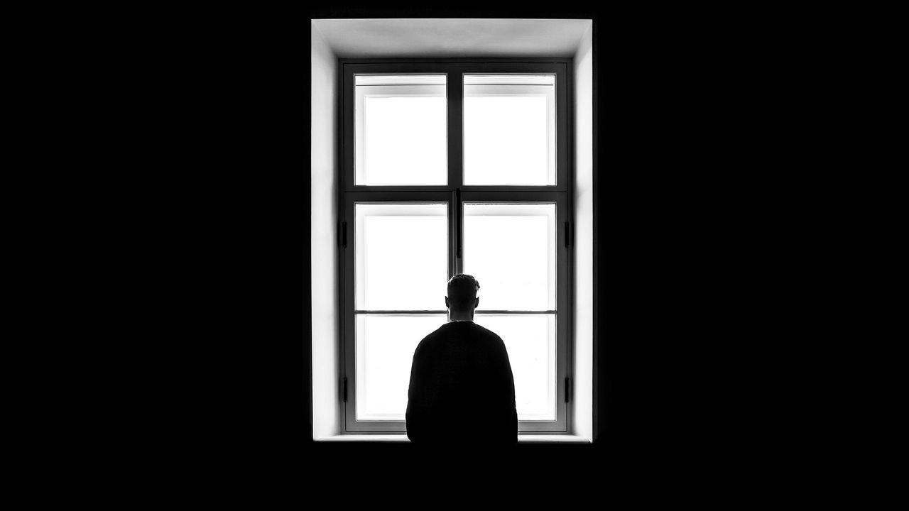 Wallpaper window, loneliness, bw, man, minimalism