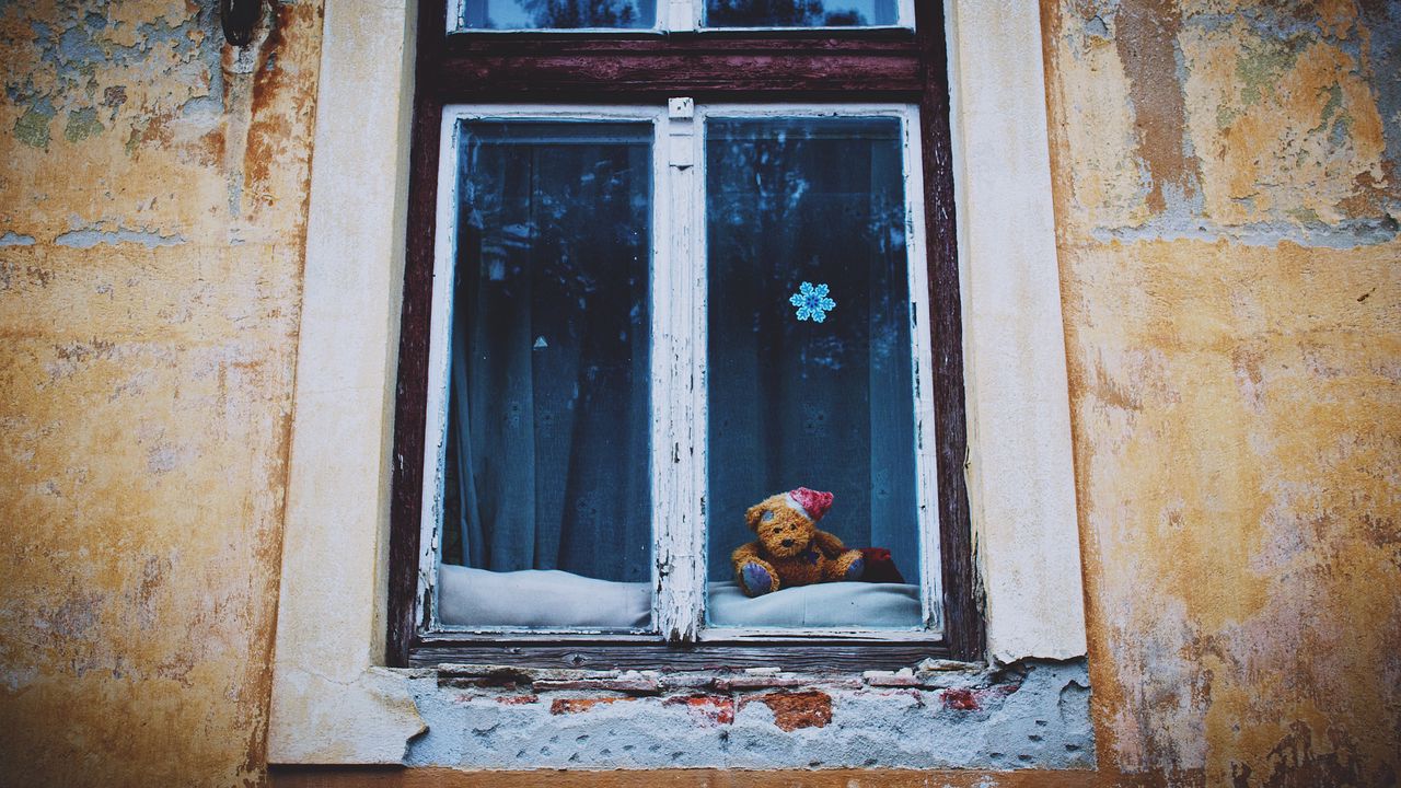 Wallpaper window, teddy bear, vintage
