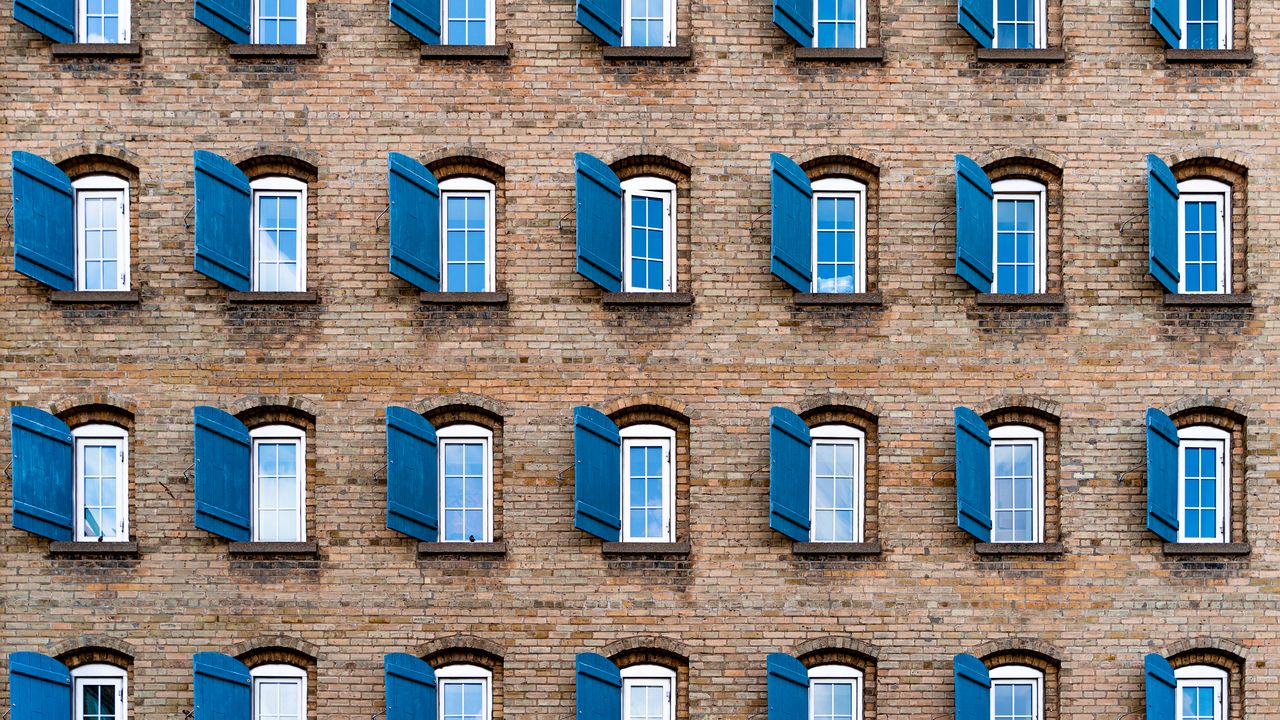 Wallpaper windows, shutters, bricks, building