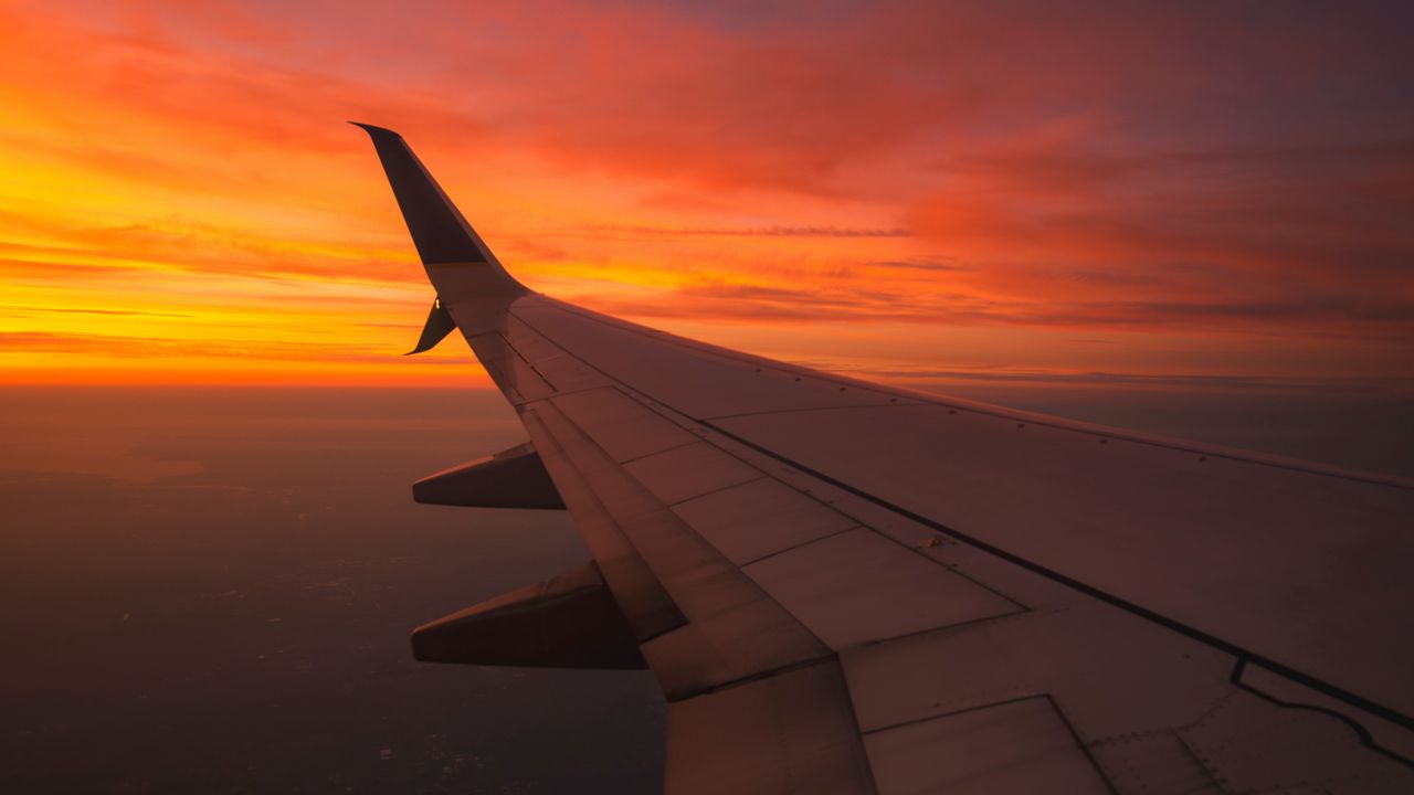 Wallpaper wing aircraft, flight, sky, sunset