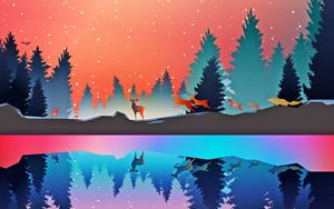 Preview wallpaper winter, animals, art, vector, forest, reflection