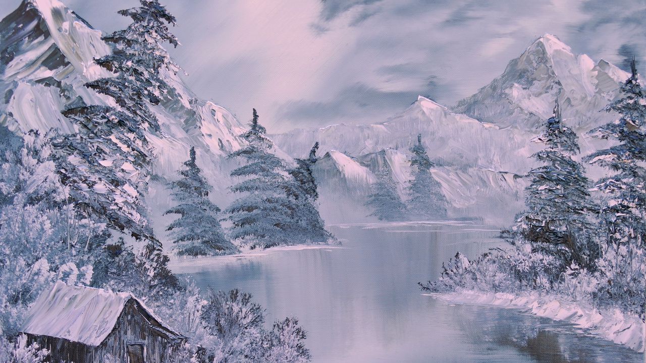 Wallpaper winter, art, painting, river, fir-trees, lodge, white