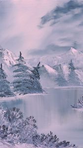 Preview wallpaper winter, art, painting, river, fir-trees, lodge, white
