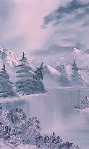 Preview wallpaper winter, art, painting, river, fir-trees, lodge, white