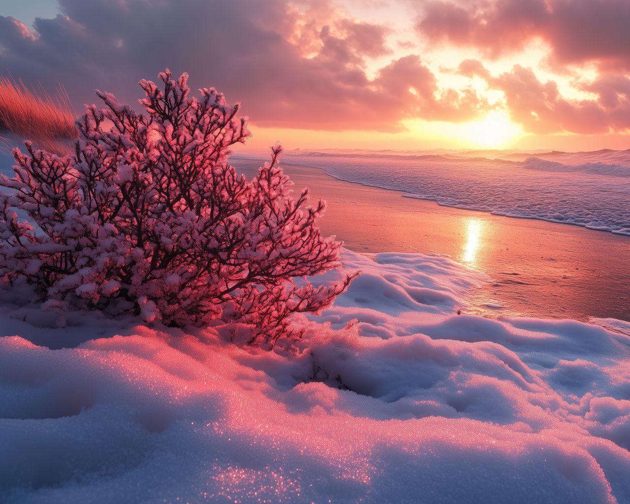 1280x1024 Wallpaper winter, beach, snow, bush, sea