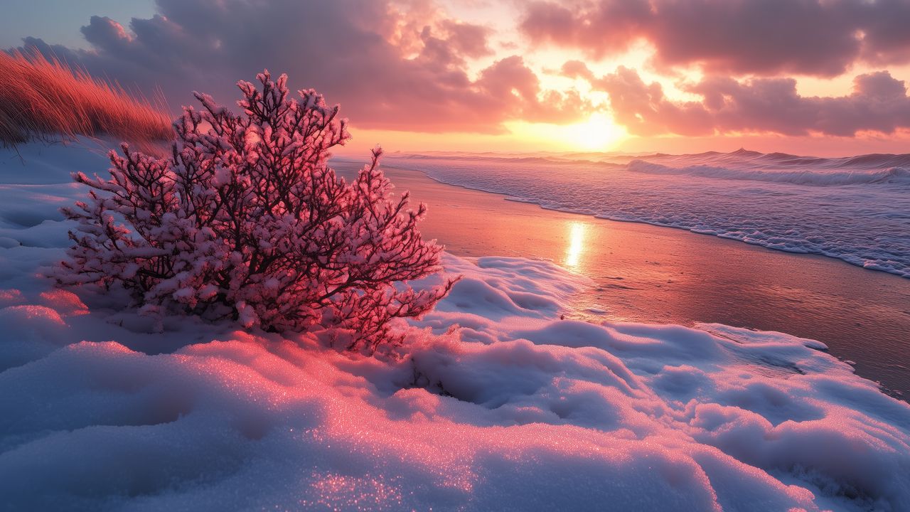 Wallpaper winter, beach, snow, bush, sea