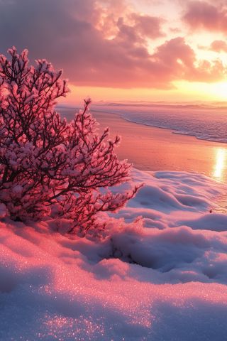 320x480 Wallpaper winter, beach, snow, bush, sea