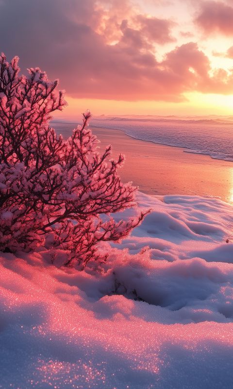480x800 Wallpaper winter, beach, snow, bush, sea