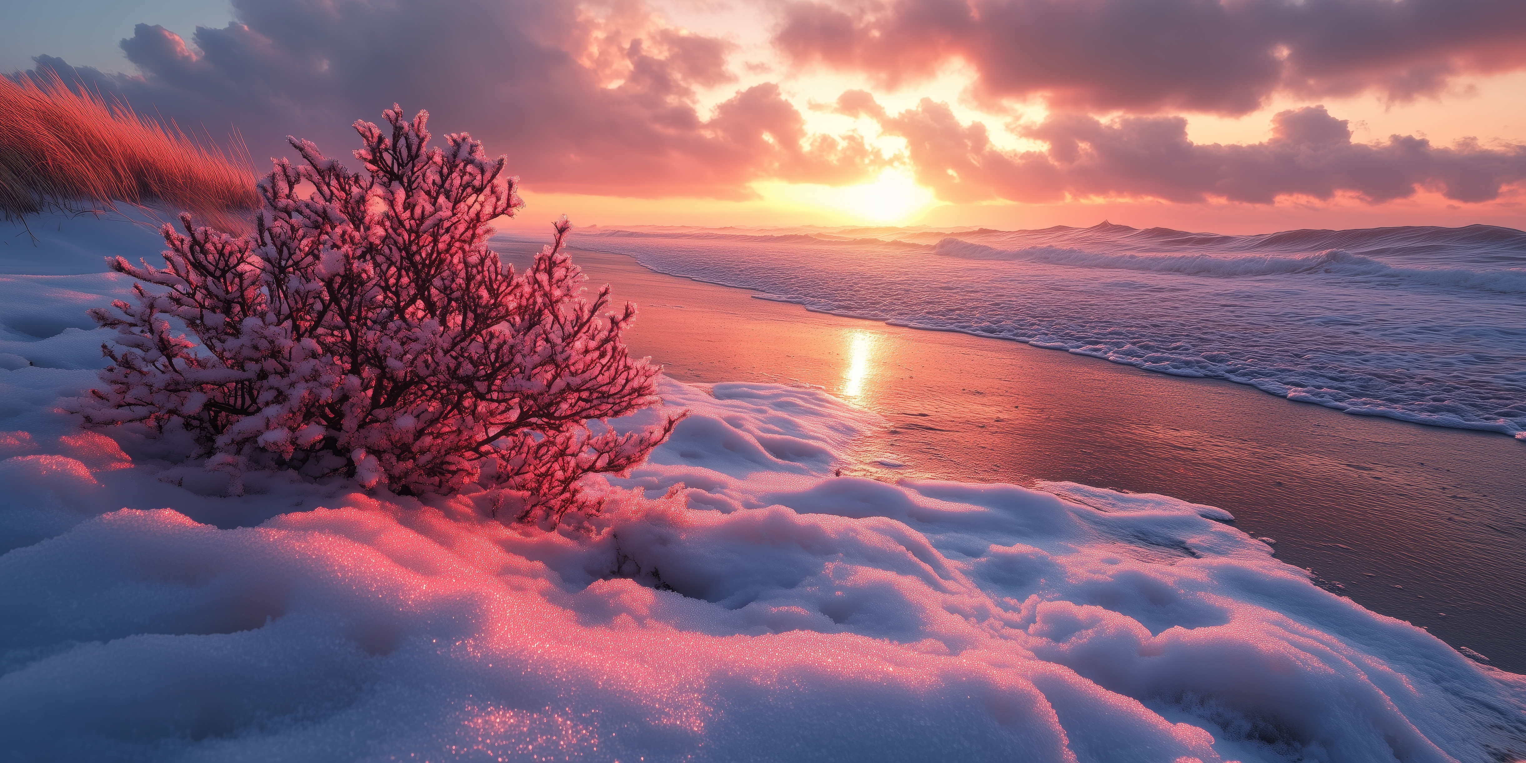 4884x2442 Wallpaper winter, beach, snow, bush, sea