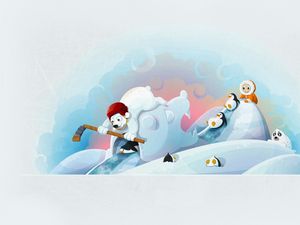 Preview wallpaper winter, bears, hockey, hockey stick, baby, penguin, fun, seal