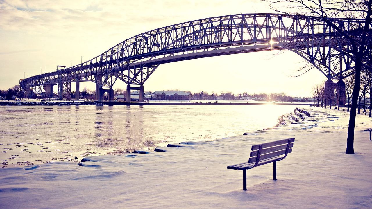 Wallpaper winter, bridges, beach, light, bench