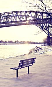 Preview wallpaper winter, bridges, beach, light, bench